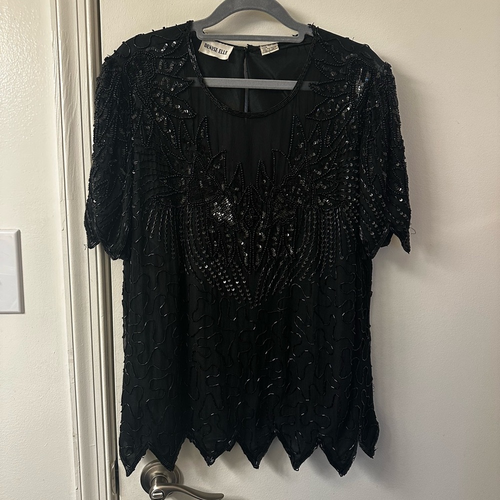 Vintage Denise Elle Black Silk Beaded Blouse - Picture 1 of 6